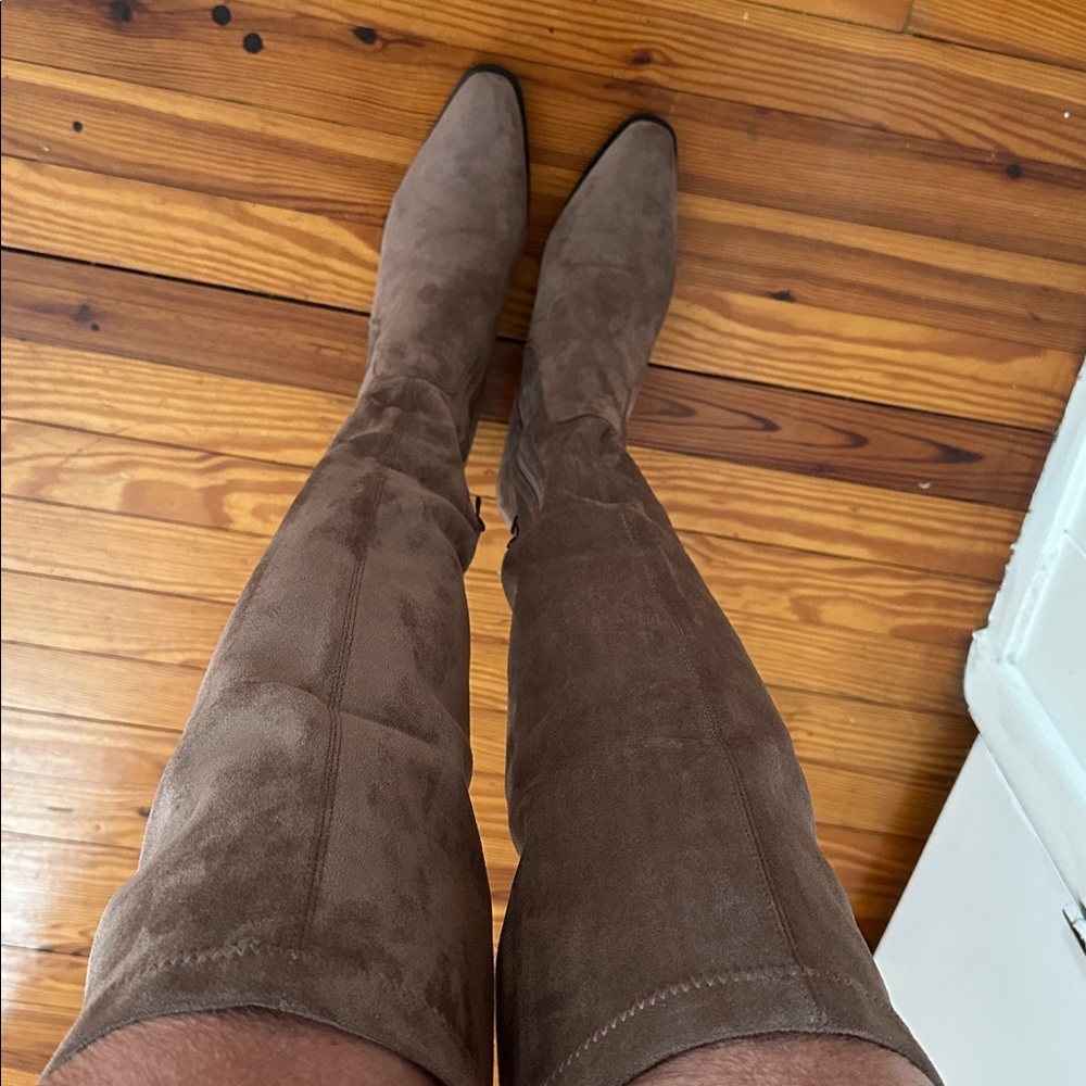 Torgeis Taupe Suede over the knee boots, tall tan boot, Madeline wedge heel boot - Picture 13 of 17